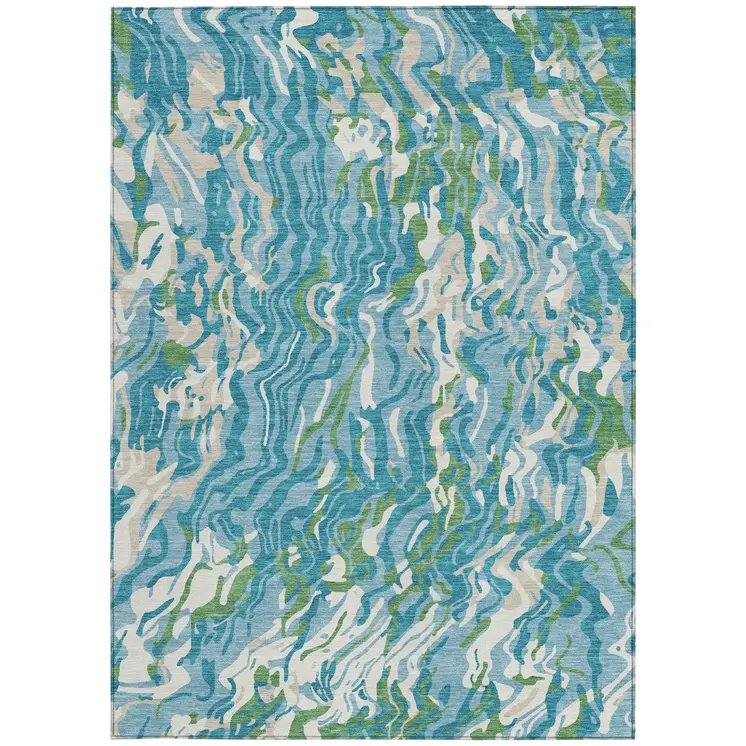 5' X 8' Teal Blue Ivory And Green Abstract Washable Indoor Outdoor Area Rug