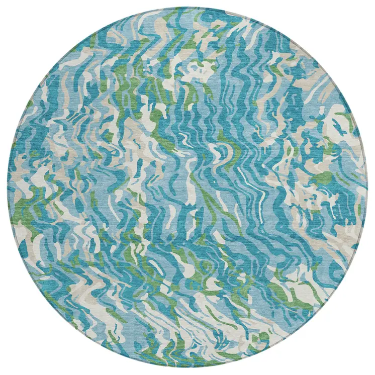 8' Teal Blue Ivory And Green Round Abstract Washable Indoor Outdoor Area Rug