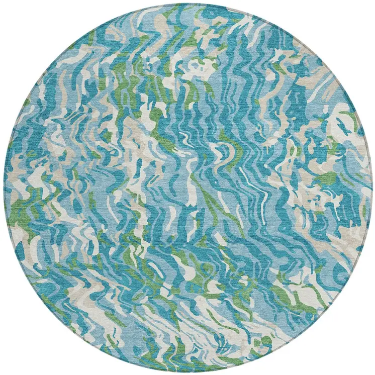 8' Teal Blue Ivory And Green Round Abstract Washable Indoor Outdoor Area Rug