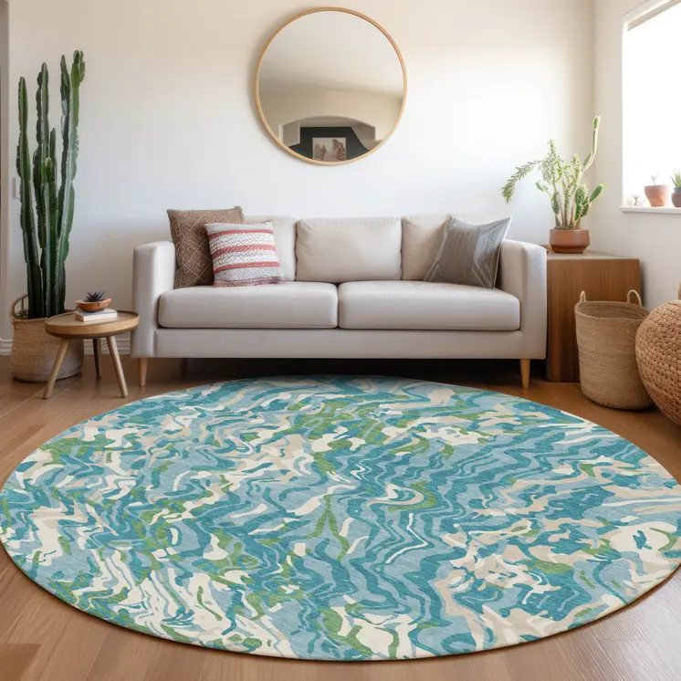8' Teal Blue Ivory And Green Round Abstract Washable Indoor Outdoor Area Rug