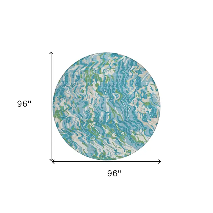 8' Teal Blue Ivory And Green Round Abstract Washable Indoor Outdoor Area Rug