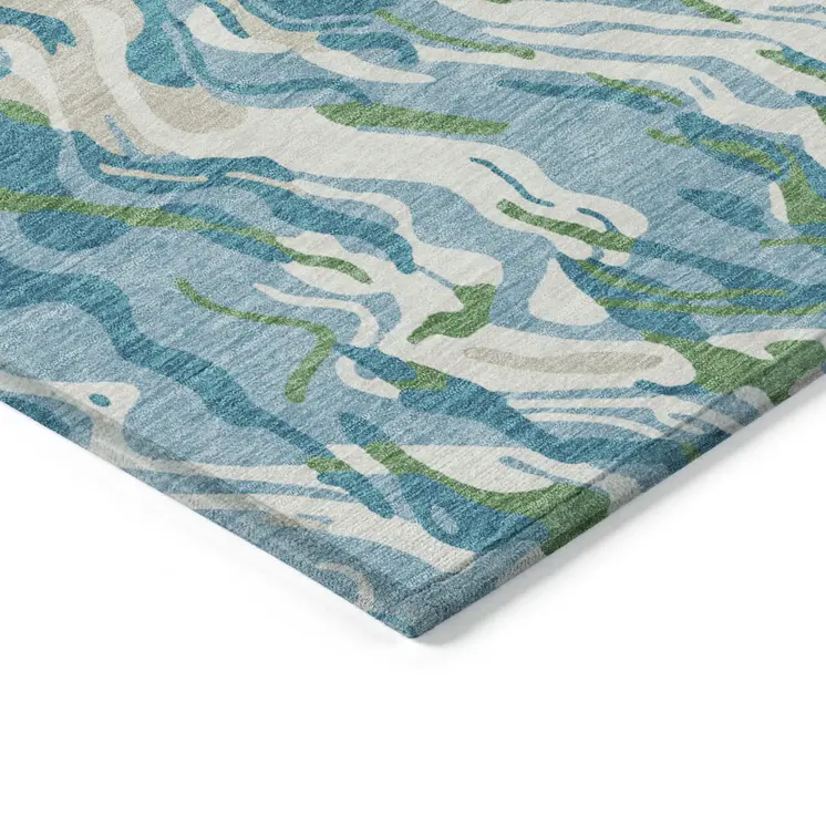 9' X 12' Teal Blue Ivory And Green Abstract Washable Indoor Outdoor Area Rug