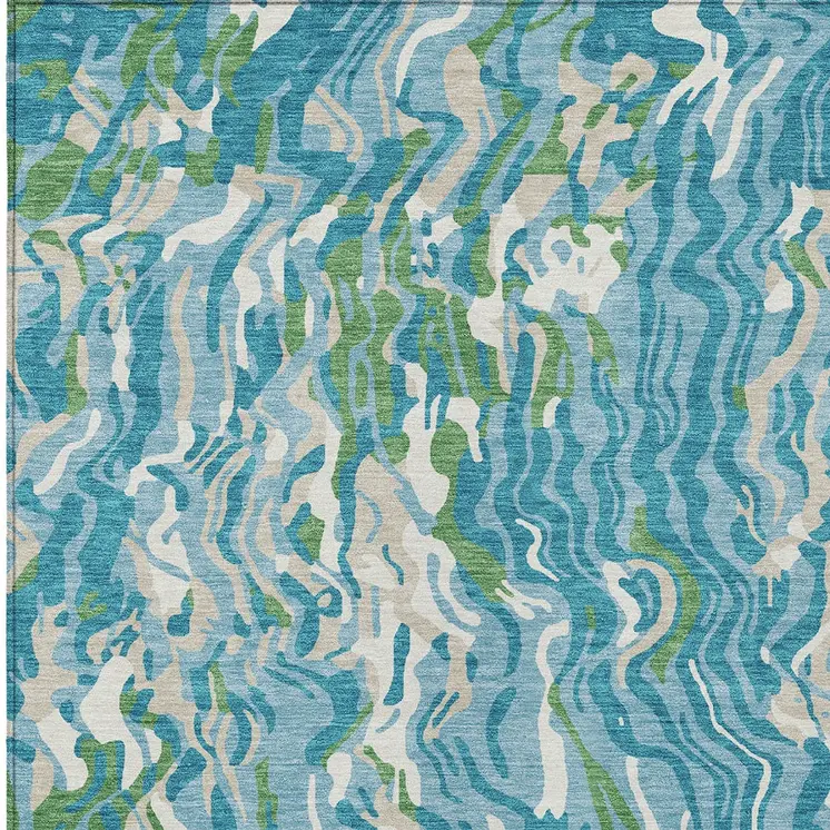 9' X 12' Teal Blue Ivory And Green Abstract Washable Indoor Outdoor Area Rug