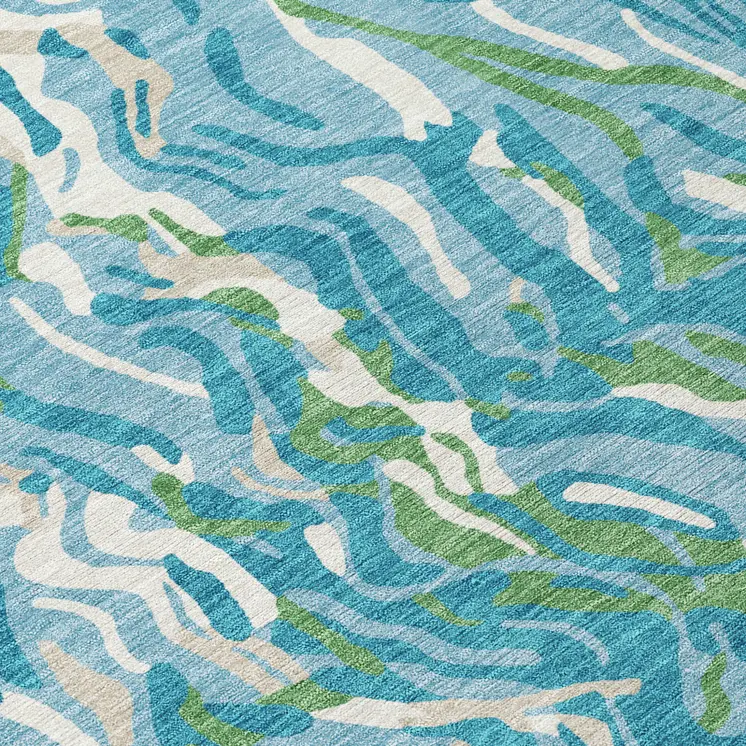 9' X 12' Teal Blue Ivory And Green Abstract Washable Indoor Outdoor Area Rug