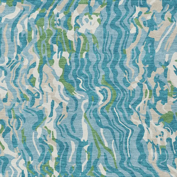 10' X 14' Teal Blue Ivory And Green Abstract Washable Indoor Outdoor Area Rug