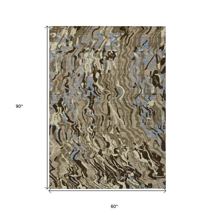 5' X 8' Taupe Brown And Beige Abstract Washable Indoor Outdoor Area Rug