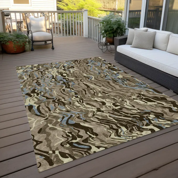 5' X 8' Taupe Brown And Beige Abstract Washable Indoor Outdoor Area Rug