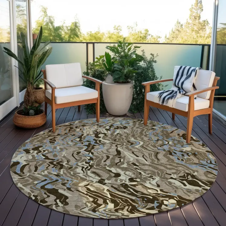 8' Taupe Brown And Beige Round Abstract Washable Indoor Outdoor Area Rug