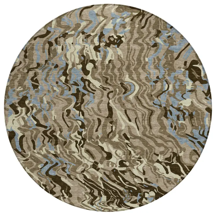 8' Taupe Brown And Beige Round Abstract Washable Indoor Outdoor Area Rug