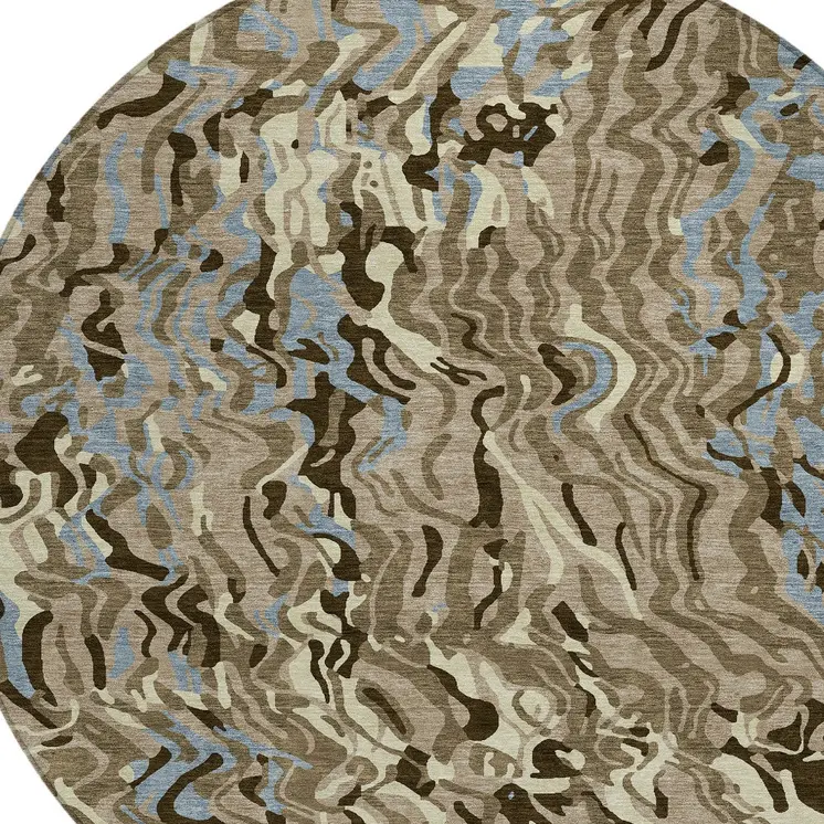8' Taupe Brown And Beige Round Abstract Washable Indoor Outdoor Area Rug