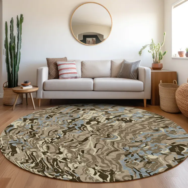 8' Taupe Brown And Beige Round Abstract Washable Indoor Outdoor Area Rug