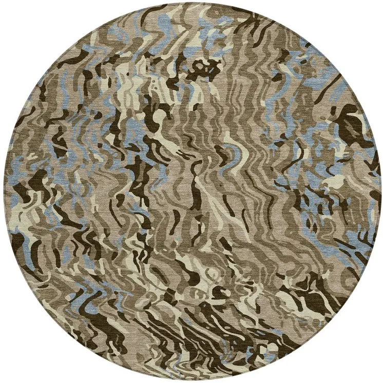 8' Taupe Brown And Beige Round Abstract Washable Indoor Outdoor Area Rug