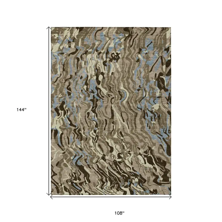 9' X 12' Taupe Brown And Beige Abstract Washable Indoor Outdoor Area Rug
