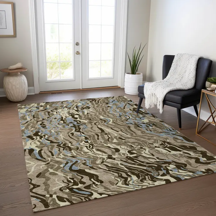10' X 14' Taupe Brown And Beige Abstract Washable Indoor Outdoor Area Rug