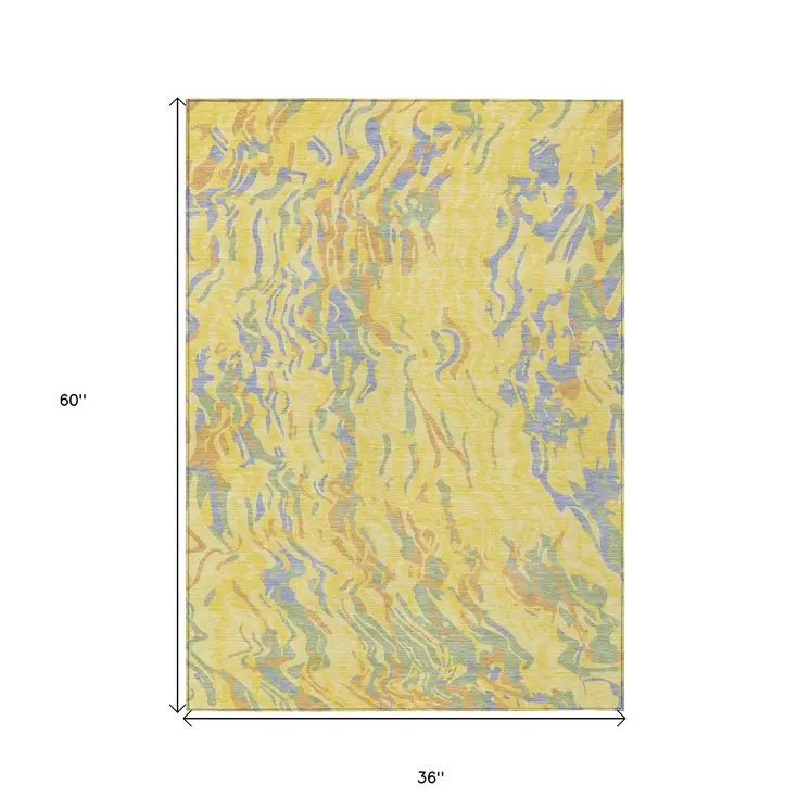 3' X 5' Yellow Purple And Green Abstract Washable Indoor Outdoor Area Rug