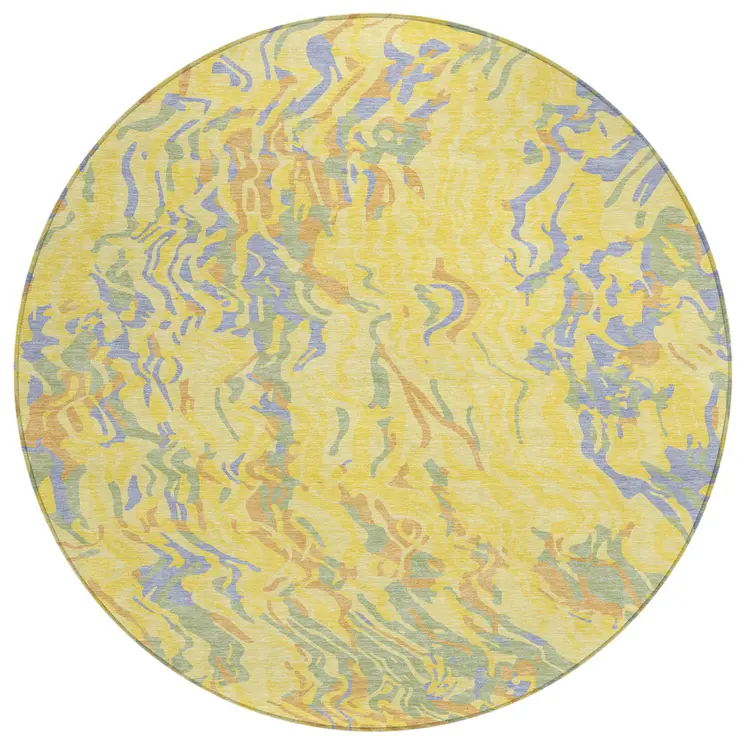 8' Yellow Purple And Green Round Abstract Washable Indoor Outdoor Area Rug