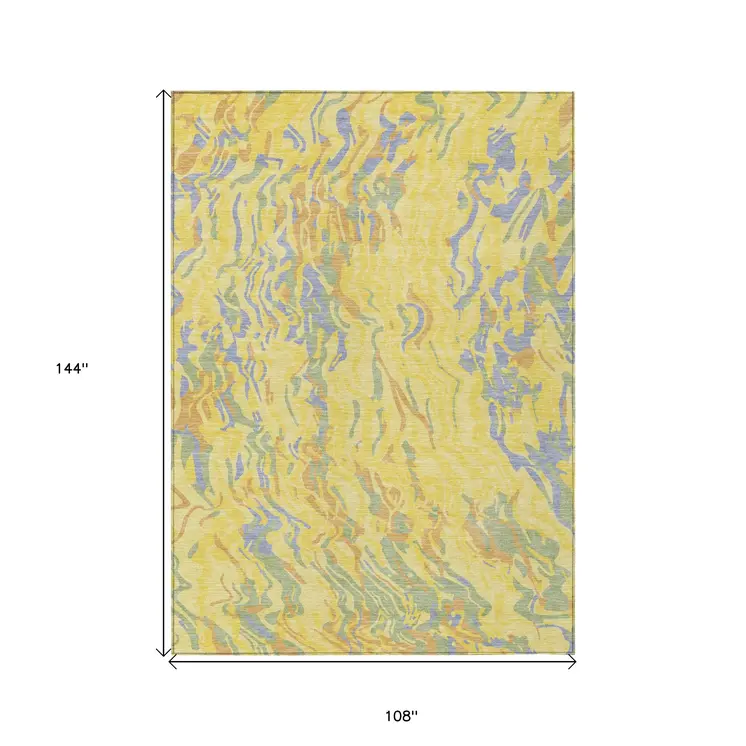 9' X 12' Yellow Purple And Green Abstract Washable Indoor Outdoor Area Rug