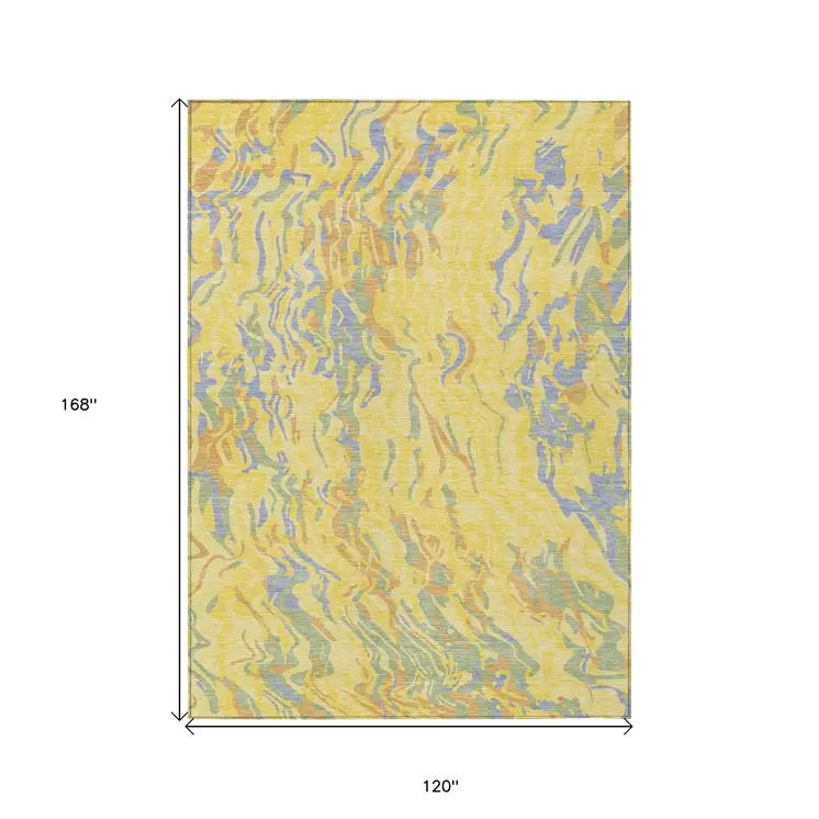 10' X 14' Yellow Purple And Green Abstract Washable Indoor Outdoor Area Rug