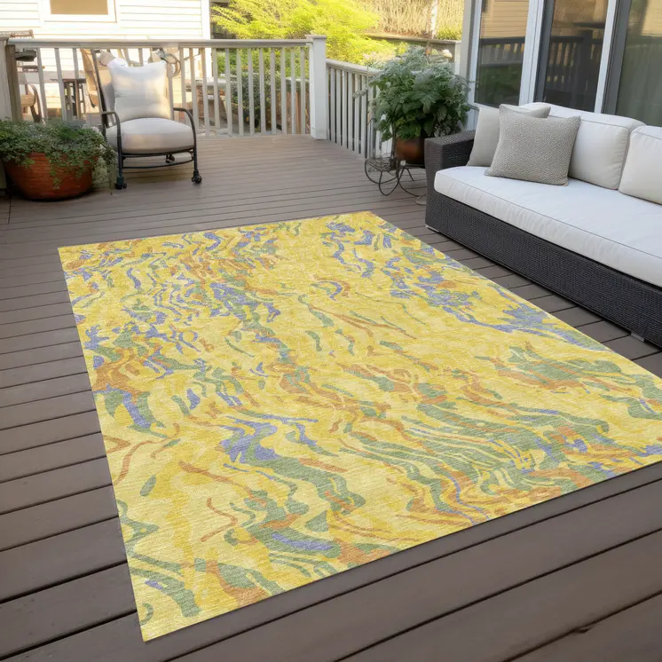 10' X 14' Yellow Purple And Green Abstract Washable Indoor Outdoor Area Rug