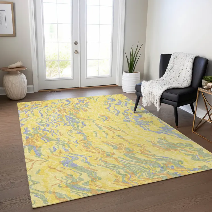 10' X 14' Yellow Purple And Green Abstract Washable Indoor Outdoor Area Rug