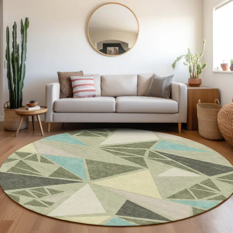 8' Artichoke Green Ivory And Aqua Round Geometric Washable Indoor Outdoor Area Rug