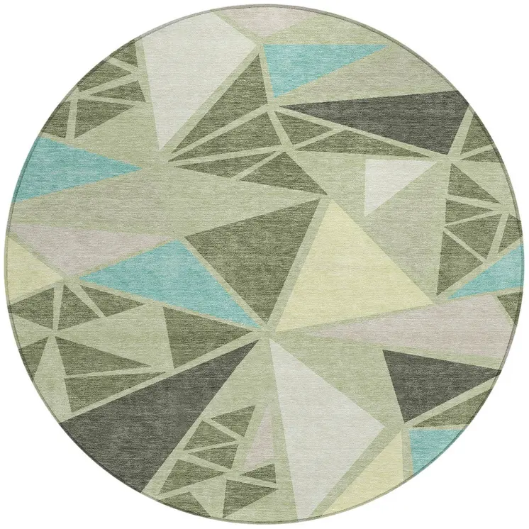 8' Artichoke Green Ivory And Aqua Round Geometric Washable Indoor Outdoor Area Rug