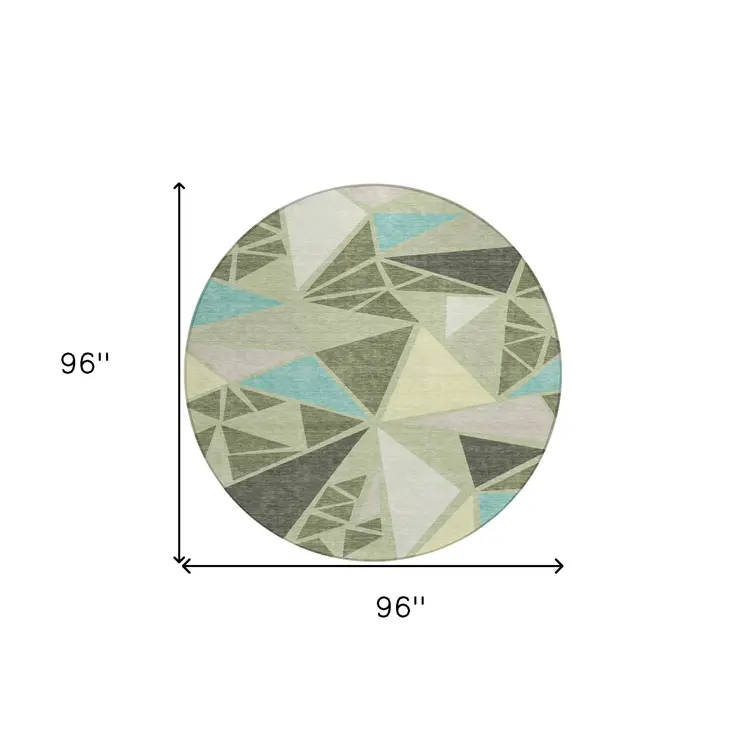 8' Artichoke Green Ivory And Aqua Round Geometric Washable Indoor Outdoor Area Rug