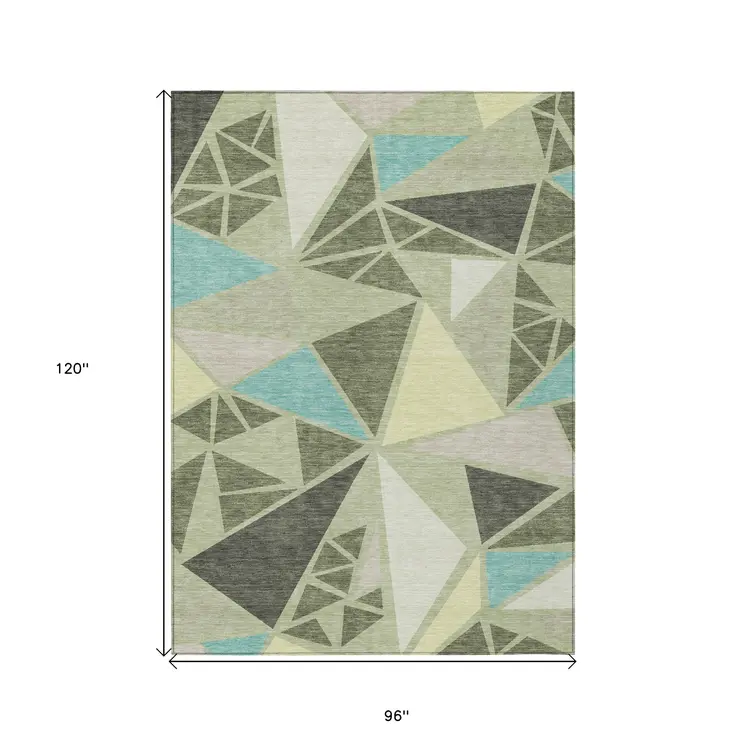 8' X 10' Artichoke Green Ivory And Aqua Geometric Washable Indoor Outdoor Area Rug