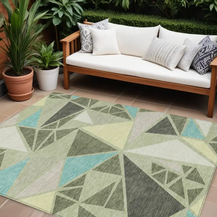 8' X 10' Artichoke Green Ivory And Aqua Geometric Washable Indoor Outdoor Area Rug