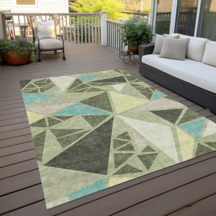 8' X 10' Artichoke Green Ivory And Aqua Geometric Washable Indoor Outdoor Area Rug