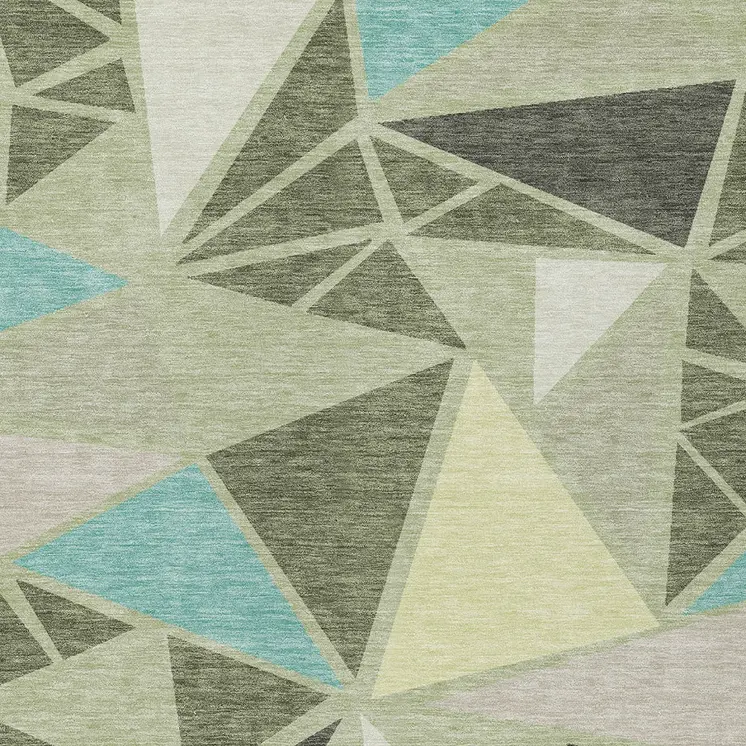 8' X 10' Artichoke Green Ivory And Aqua Geometric Washable Indoor Outdoor Area Rug