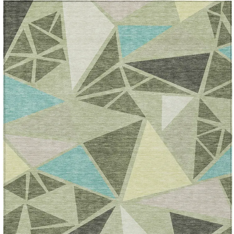 9' X 12' Artichoke Green Ivory And Aqua Geometric Washable Indoor Outdoor Area Rug