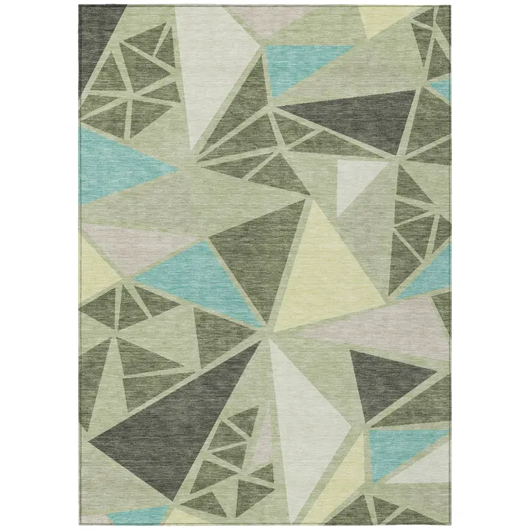 10' X 14' Artichoke Green Ivory And Aqua Geometric Washable Indoor Outdoor Area Rug