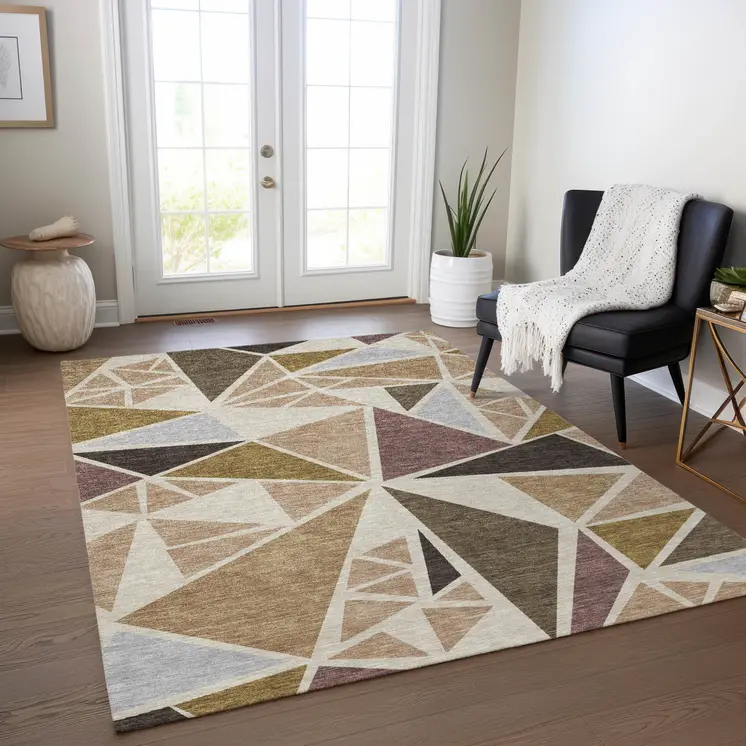 3' X 5' Beige Brown And Gray Geometric Washable Indoor Outdoor Area Rug