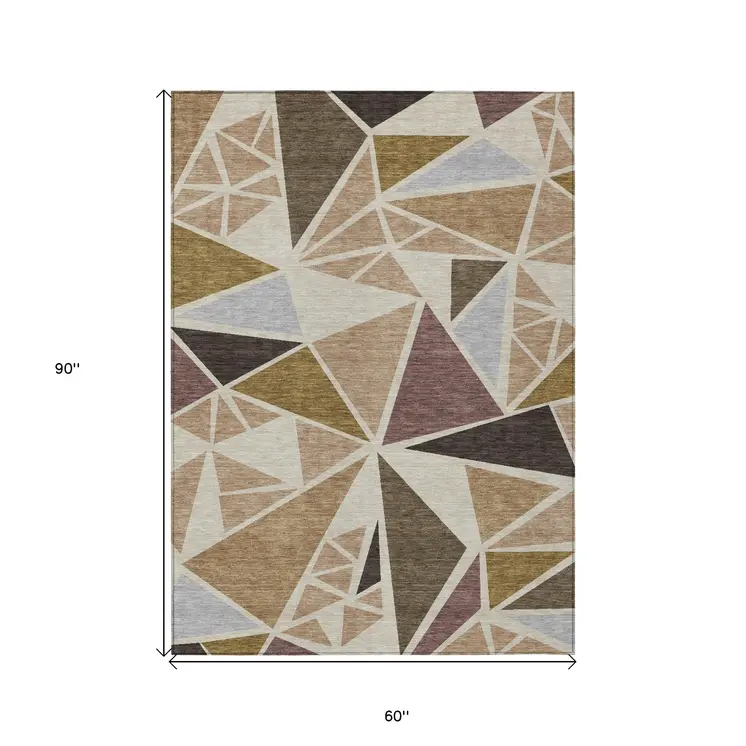 5' X 8' Beige Brown And Gray Geometric Washable Indoor Outdoor Area Rug