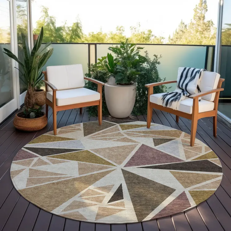 8' Beige Brown And Gray Round Geometric Washable Indoor Outdoor Area Rug