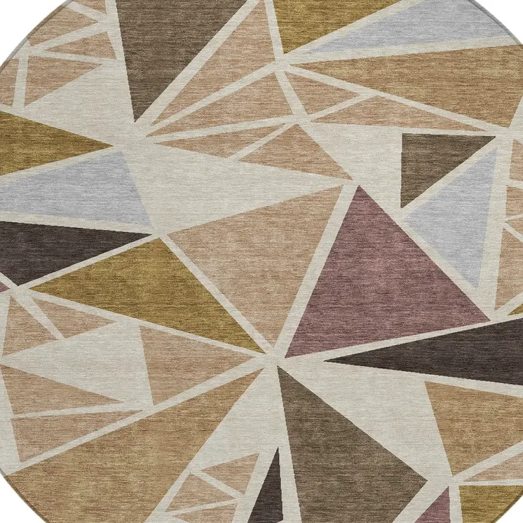8' Beige Brown And Gray Round Geometric Washable Indoor Outdoor Area Rug