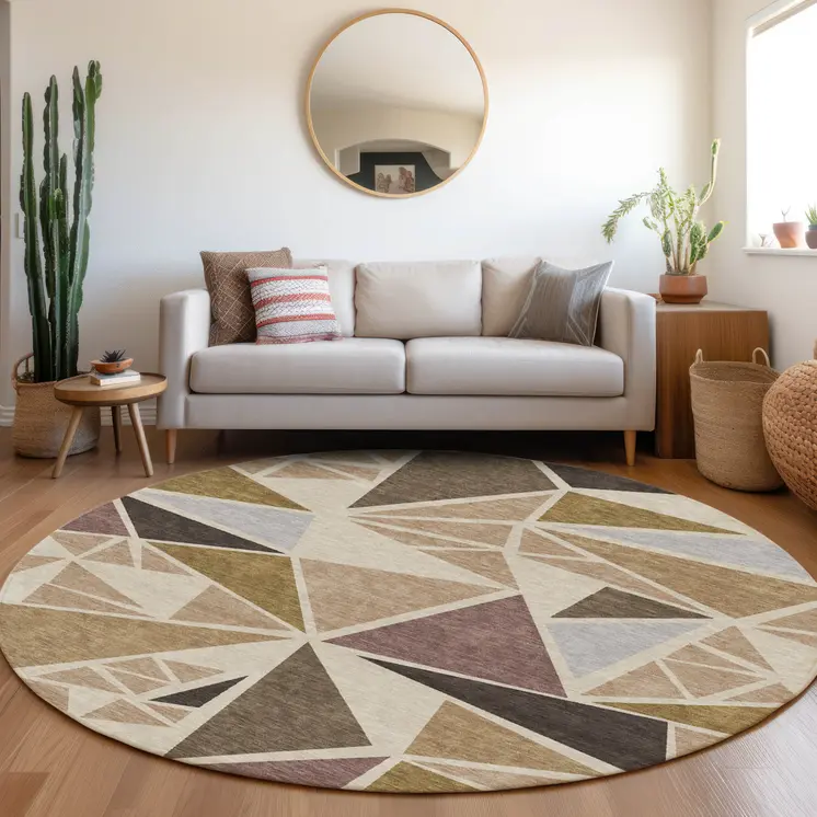8' Beige Brown And Gray Round Geometric Washable Indoor Outdoor Area Rug