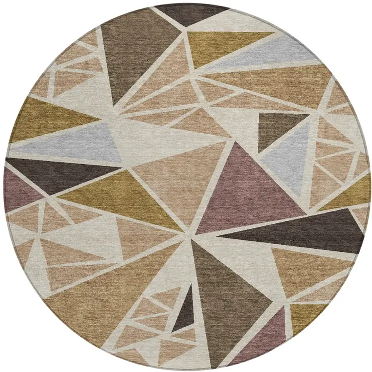 8' Beige Brown And Gray Round Geometric Washable Indoor Outdoor Area Rug