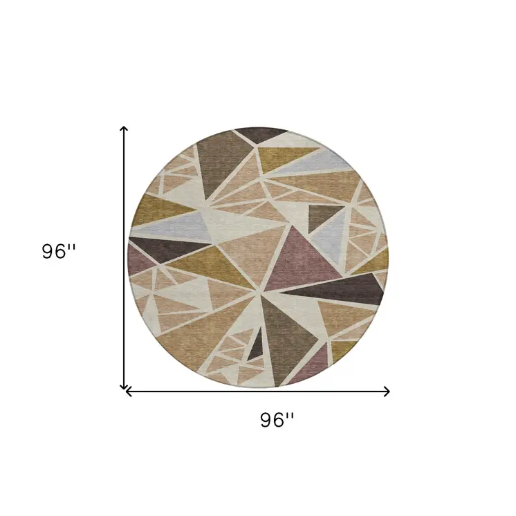 8' Beige Brown And Gray Round Geometric Washable Indoor Outdoor Area Rug