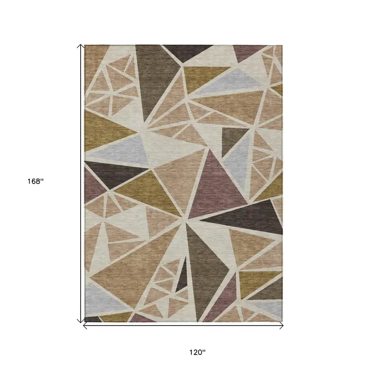10' X 14' Beige Brown And Gray Geometric Washable Indoor Outdoor Area Rug