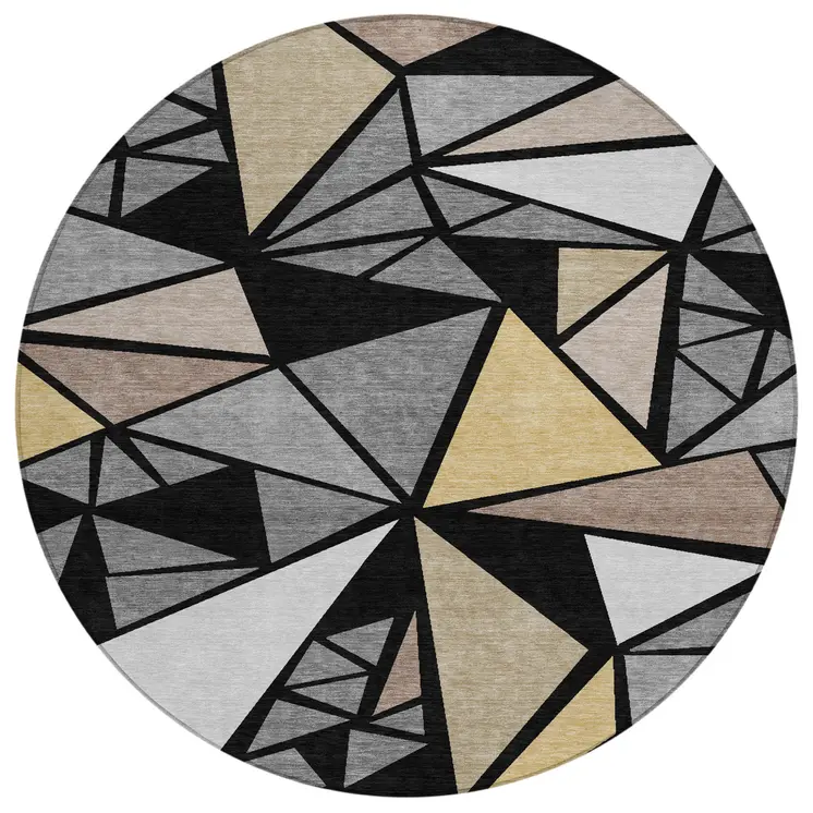 8' Black Beige And Gray Round Geometric Washable Indoor Outdoor Area Rug