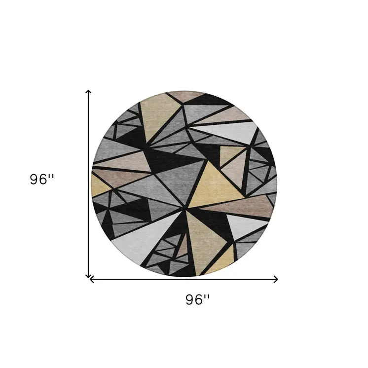 8' Black Beige And Gray Round Geometric Washable Indoor Outdoor Area Rug