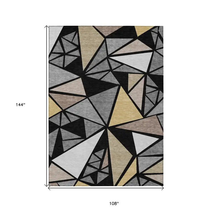 9' X 12' Black Beige And Gray Geometric Washable Indoor Outdoor Area Rug