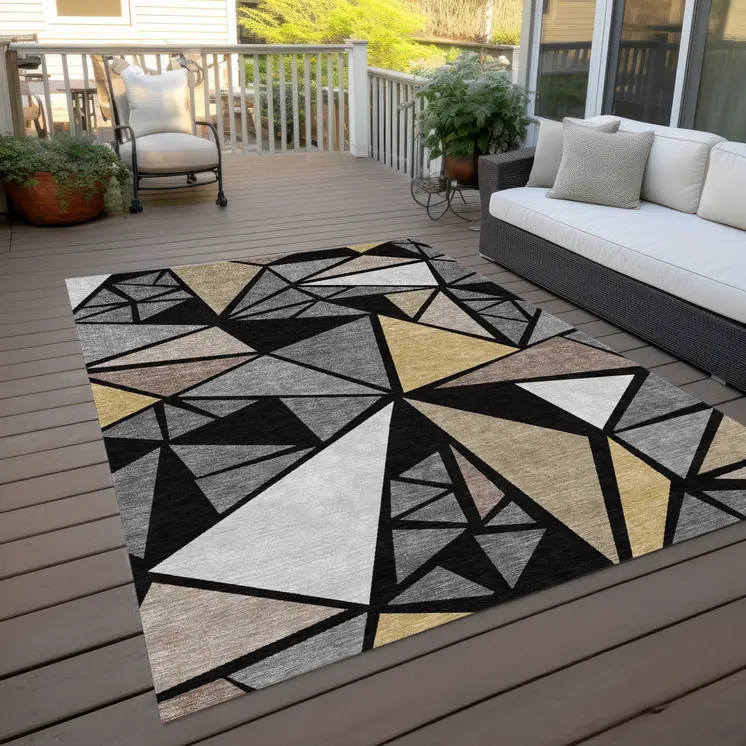 9' X 12' Black Beige And Gray Geometric Washable Indoor Outdoor Area Rug