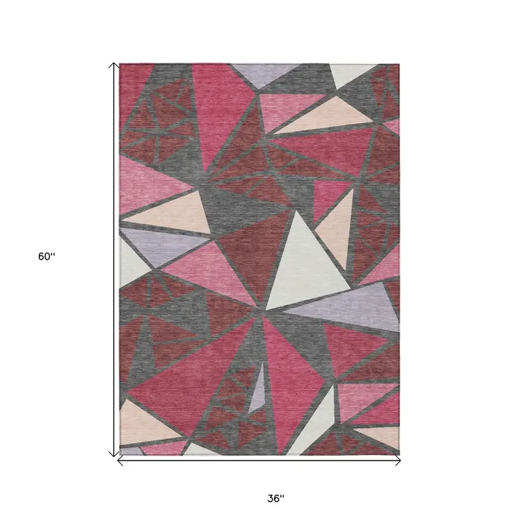 3' X 5' Burgundy Pink And Charcoal Geometric Washable Indoor Outdoor Area Rug