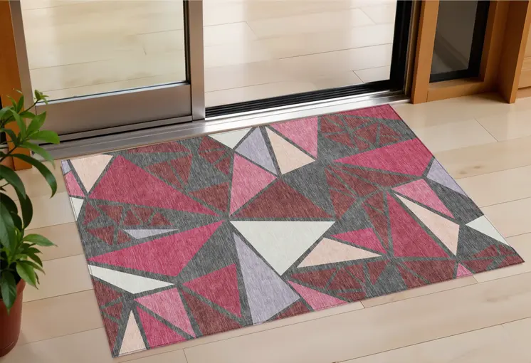 3' X 5' Burgundy Pink And Charcoal Geometric Washable Indoor Outdoor Area Rug