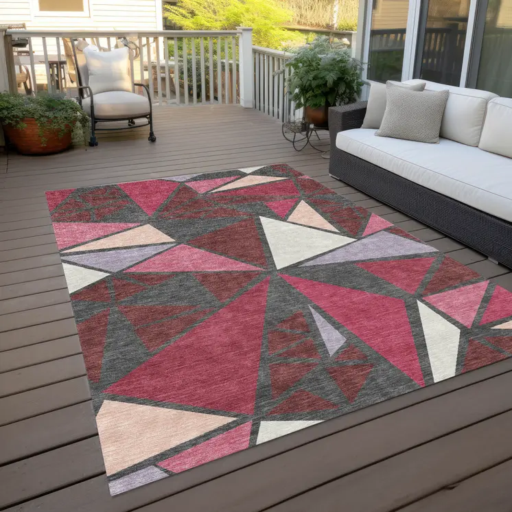 5' X 8' Burgundy Pink And Charcoal Geometric Washable Indoor Outdoor Area Rug