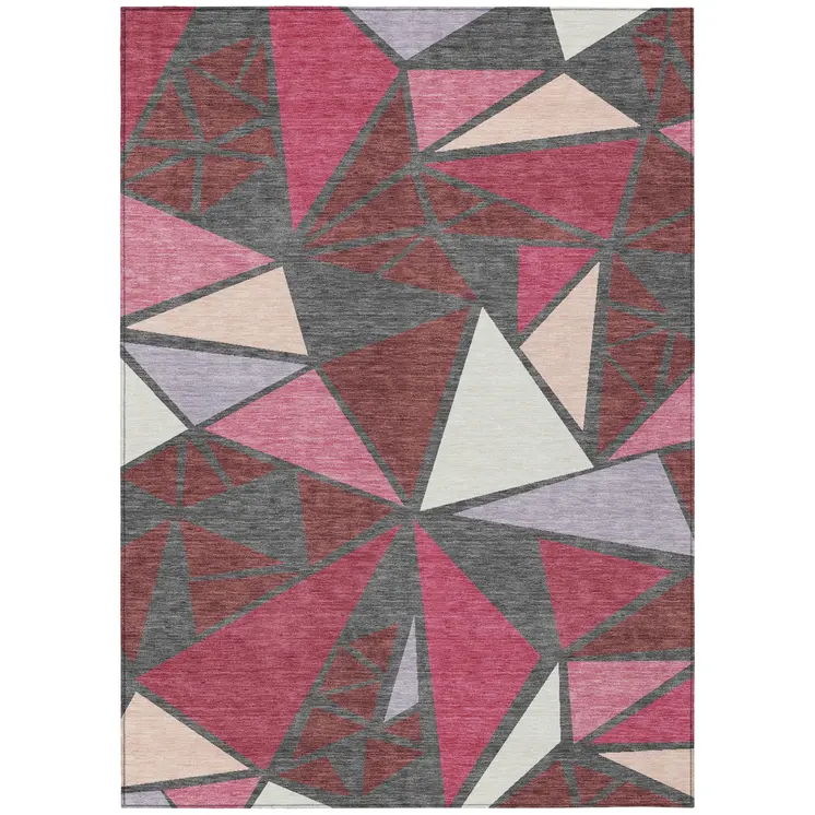 5' X 8' Burgundy Pink And Charcoal Geometric Washable Indoor Outdoor Area Rug