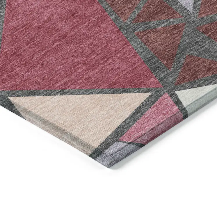 5' X 8' Burgundy Pink And Charcoal Geometric Washable Indoor Outdoor Area Rug